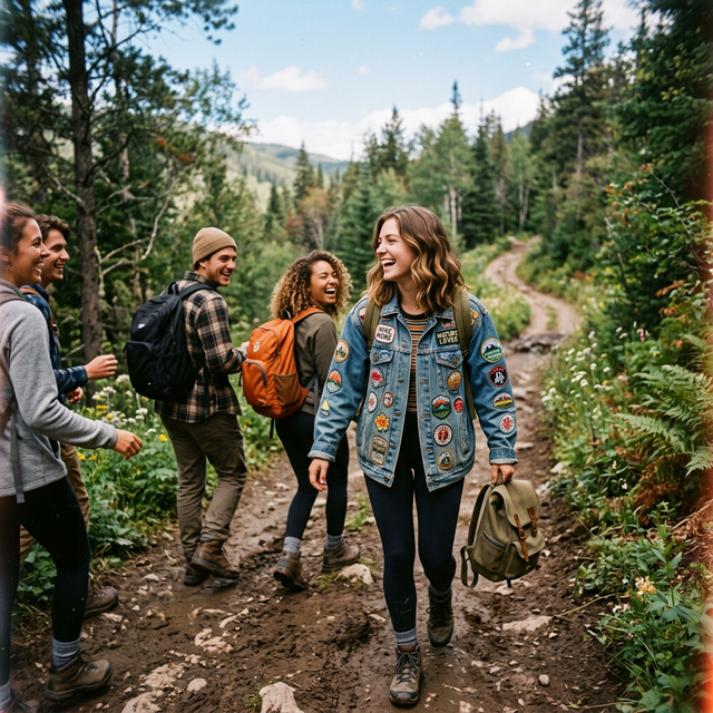Friends hiking with patches on denim jacket