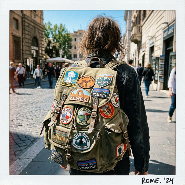Backpack covered in travel patches