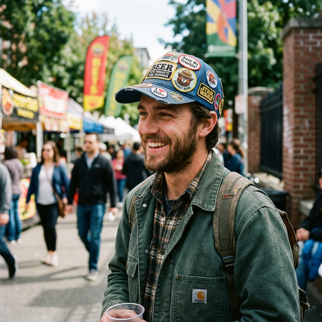 Guy smiling with trucker hat full of retro patches