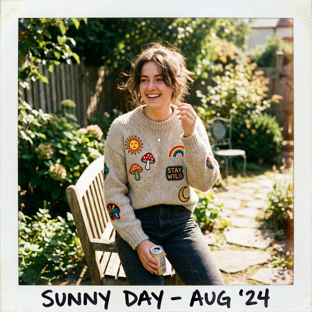 Girl outside wearing sweater with colorful patches